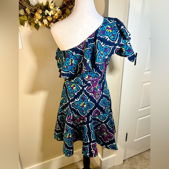 JOSIE NATORI One Shoulder Ruffled Peplum Hem Colorful Mini Dress Sz 6 - Picture 6 of 13